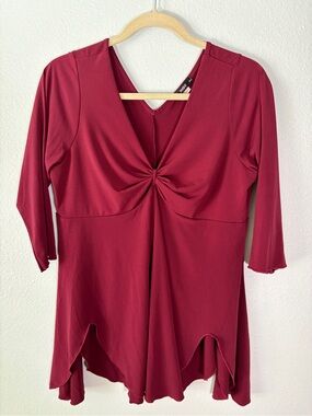 VTG ING+ Women's Burgundy Top 2X 90s Empire Waist Scalloped Hem Stretch Knit USA